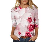 Bluse Damen Dreiviertelärmel Oberteile Mode Blumendruck Tshirt Tunika 2023 Shirt Sommer Rundhals Pullover Party Tee Tops Longbluse Teenager Mädchen T-Shirt Locker Blusentops Streetwear für Frauen