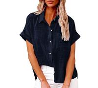 Bluse Damen Einfarbig Hemd Vintage Knöpfe Leinenhemd Baumwolle Leinen Hemdbluse Kurzarm Revers Blusenshirt Locker Bequeme Leinenbluse Sommer Tops Große Größen Shirt Hemden Urlaub Beachwear für Frauen