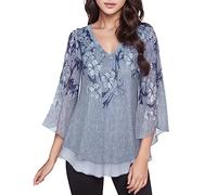 Bluse Damen Elegant 3/4 Arm Tunika Locker Blumen Oberteile V-Ausschnitt Mesh Doppellagige Shirt Elegant Tunika Shirt Mesh Locker Oberteil mit Glockenärmeln (Grey, S)