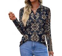 Bluse Damen Elegant Bluse Damen Elegant Langarm Poloshirt-Stil Locker Passform Langarmshirt V-Ausschnitt Classic Büro Oberteil XXL Navy