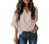 Bluse Damen Elegant, Chiffon-Bluse Für Damen Sommer Elegant Solide Wasserfallausschnitt Oberteile Modische Pullover Mit Fledermausärmeln Tunika-Oberteile Lässige Lockere Arbeitsblusen T-Shirts F