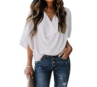 Bluse Damen Elegant, Chiffon-Bluse Für Damen Sommer Elegant Solide Wasserfallausschnitt Oberteile Modische Pullover Mit Fledermausärmeln Tunika-Oberteile Lässige Lockere Arbeitsblusen T-Shirts F