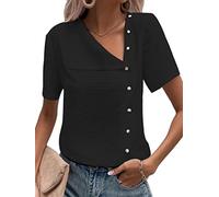 Bluse Damen Elegant, Damen-Bluse Aus Baumwolle Und Leinen Sommer Modisch Schlicht V-Ausschnitt Pullover Hemden Tops Elegante Kurzärmlige Seitliche Button-Down-Blusen Lässige Arbeitsblusen T-Shirts