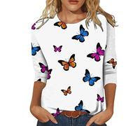 Bluse Damen Elegant Damen T-Shirt 3/4 Arm Oberteile Tops Bunte Blumenmuster Druck Tunika Shirt Lose Rundhals Sommershirts Mode Damenblusen Langarm Blumen Bluse Tshirt, 4#weiß