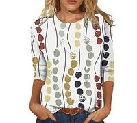 Bluse Damen Elegant Damen T-Shirt 3/4 Arm Oberteile Tops Bunte Blumenmuster Druck Tunika Shirt Lose Rundhals Sommershirts Mode Damenblusen Langarm Blumen Bluse Tshirt, L, 6#weiß