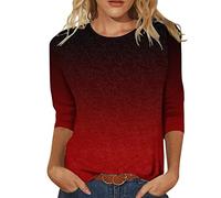 Bluse Damen Elegant Damen T-Shirt 3/4 Arm Oberteile Tops Bunte Blumenmuster Druck Tunika Shirt Lose Rundhals Sommershirts Mode Damenblusen Langarm Blumen Bluse Tshirt, 7#wein