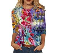 Bluse Damen Elegant Damen T-Shirt 3/4 Arm Oberteile Tops Bunte Blumenmuster Druck Tunika Shirt Lose Rundhals Sommershirts Mode Damenblusen Langarm Blumen Bluse Tshirt, 3#rot, L