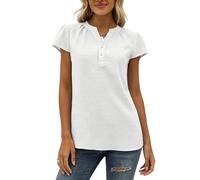 Bluse Damen Elegant, Damenbluse Schweizer Punktmuster Kurzarm Chiffonbluse Knopfleiste V Ausschnitt Puffärmeln Sommerbluse Fließende Tuniken Lockere Lässige Oberteile für Den Alltag Weiß Größe S