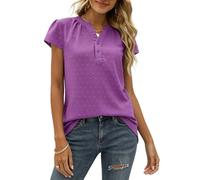 Bluse Damen Elegant, Damenbluse Schweizer Punktmuster Kurzarm Chiffonbluse Knopfleiste V Ausschnitt Puffärmel Fließende Tuniken Lockere Lässige Oberteile für Den Alltag Lila M