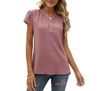 Bluse Damen Elegant, Damenbluse Schweizer Punktmuster Kurzarm Chiffonblusen Knopfleiste V Ausschnitt Puffärmeln Fließenden Tuniken Lockeren Lässigen Oberteilen für Den Alltag Pink L