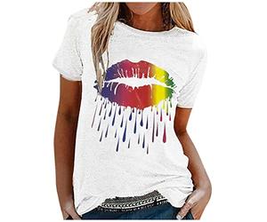 Bluse Damen Elegant Frauen Kurze Töpfe Blusen Ärmellänge Mode buntes T-Shirt lässiger Druck O-Ausschnitt Lippe Damenbluse Teenager Mädchen Sommershirts Blusenshirt Hemdbluse Casual Blouse Tees