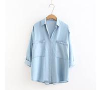 Bluse Damen Elegant, Frauen Lange Tencel Jeanshemd Bluse Lässig Hellblau Dünne Waschung Verblasst V-Ausschnitt Shirt Tops Mode 3/4 Ärmel Button-Down-Blusen Büroarbeitsblusen Tops Mit Tasche,M