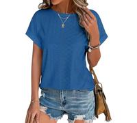 Bluse Damen Elegant, Kurzarm T Shirt Lochstickerei für Damen Rundhalsausschnitt Bluse Lochstickerei Tunika Stil Lässiges Sommer Outfit Ideal für Freizeit und Urlaub Blau Größe Xs