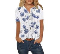 Bluse Damen Elegant Kurzarm T-Shirt Oberteile Bunte Blumenmuster Druck Tunika Shirt Lose Knöpfe mit Kragen Sommershirts Mode Damenblusen Kurz Ärmel Blumen Bluse Tshirt