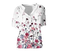 Bluse Damen Elegant - Leinenbluse Damen Sommer -Knopfleiste T Shirt Damen V Ausschnitt mit Blumen Aufdruck Brusttasche Kurzarm Oberteile Leicht Lässig Locker Hemd Blusenshirt Blusen & Tuniken für Frauen