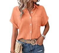Bluse Damen elegant, Musselin Bluse Damen Shirts Bluse Elegant Tunics Sommer Tshirt Kurzarm Leinen Knopf Bluse Lange Oversized T-Shirt Casual für Leggings, orange XL