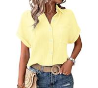 Bluse Damen elegant, Musselin Bluse Damen Shirts Bluse Elegant Tunics Sommer Tshirt Kurzarm Leinen Knopf Bluse Lange Oversized T-Shirt Casual für Leggings gelb 4XL