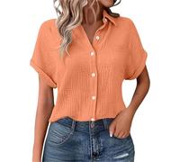 Bluse Damen elegant, Musselin Bluse Damen Shirts Bluse Elegant Tunics Sommer Tshirt Kurzarm Leinen Knopf Bluse Lange Oversized T-Shirt Casual für Leggings, orange XL