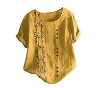 Bluse Damen Elegant Oberteile Leinenbluse Grosse Grössen Leinenoberteile Tshirt Kurzarm Übergröße Leinen Bluse Sommer T Shirt Pullover Tops Blumen Print Mode Lose Tunika Hemdbluse