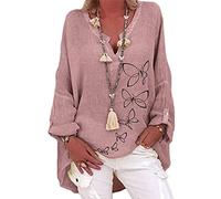 Bluse Damen Elegant Plus Größe Leinenbluse Gelegenheitsdruck Blumenhemd für Frauen Bluse Oben V-Ausschnitt Damenbluse Langarmshirt Leinen Baumwolle Hemd Teenager Mädchen Damenshirts Pullover