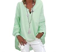Bluse Damen Elegant Pullover Leinenbluse V-Ausschnitt Große Größen Longbluse Langarmshirt Leinen Baumwolle Hemd Oberteile Einfarbig Shirt Leinen Blusenshirt Lange Lässiges Tunika
