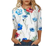 Bluse Damen Elegant Rundhals T-Shirt 3/4 Arm Oberteile Tops Bunte Blumenmuster Druck Shirt Lose Lässiges Sommershirts Mode Damenblusen Oversize Blumen Hemd Tshirt