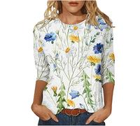 Bluse Damen Elegant Rundhals T-Shirt 3/4 Arm Oberteile Tops Bunte Blumenmuster Druck Shirt Lose Rundhals Sommershirts Mode Damenblusen Oversize Blumen Bluse Tshirt