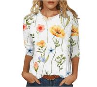 Bluse Damen Elegant Rundhals T-Shirt 3/4 Arm Oberteile Tops Bunte Blumenmuster Druck Shirt Lose Rundhals Sommershirts Mode Damenblusen Oversize Blumen Bluse Tshirt