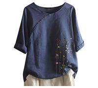 Bluse Damen Elegant Sommer Kurzarm Oversize Oberteile Lang Tunika Longshirt Grosse Grössen Leinentunika Leinenoberteile Leinenbluse Vintage Druck Tshirt Teenager Mädchen Sommershirts