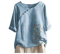 Bluse Damen Elegant Sommer Kurzarm Oversize Oberteile Lang Tunika Longshirt Grosse Grössen Leinentunika Leinenoberteile Leinenbluse Vintage Druck Tshirt Teenager Mädchen Sommershirts