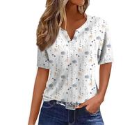 Bluse Damen Elegant, V-Ausschnitt Henley Shirt Mit Knopfleiste Blumen Bedruckt Tunika Kurzarm Hemdbluse Elegante Oberteile Leichte Basic Locker Blusenshirt Ausgefallene