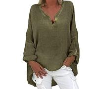 Bluse Damen Elegant V-Ausschnitt Solid Leinenbluse Sommer Tunika Große Größen Blusenshirt Damen Langarmshirt Leinen Baumwolle Hemd Teenager Mädchen Sommershirts