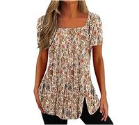 Bluse Damen Ethno Stil Oberteile Quadratischer Hals Longbluse Locker Blusenshirt Kurzarm Tshirt Sommer Tops Pullover Shirt Bequeme Blusen Lange T-Shirt Tunika Hemdbluse Große Größen Longtops