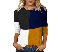 Bluse Damen Farbblock Patchwork Oberteile Dreiviertelärmel Tshirt Tunika 2023 Shirt Sommer Pullover mit O-Ausschnitt Tee Tops Longbluse Teenager Mädchen T-Shirt Locker Blusentops Beachwear für Frauen