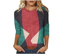 Bluse Damen Farbblock Patchwork Tshirt 3/4 Ärmel Oberteile 2023 Tunika Shirt Sommer Pullover Tops mit O-Ausschnitt Longbluse Urlaub T-Shirt Lose Bequeme Blusentops Sportbekleidung für Outdoor