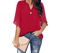 Bluse Damen, Frauen Chiffonbluse Mode Schlicht Rot V-Ausschnitt Pullover Shirts Tops Lässig Locker Geschlitzt 3/4 Ärmel Button-Down-Blusen Sommer Elegante Tunika Tops T-Shirts,XL