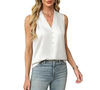 Bluse Damen, Kurzarmbluse Aus Satin Damen Modisch V Ausschnitt Knopfleiste Einfarbig Basic T Shirt Fürs Büro Leichtes Sommer Freizeit Top Tunika Alltagskleidung Weiß XL