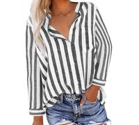 Bluse Damen Langarm Baumwolle Leinenbluse Modische Freizeit V-Ausschnitt Button-Down Hemdbluse Elegant Revers Kragen Blusehemd Bequem Streifen Tops Sommer Basic Shirt mit Taschen Musselin Bluse