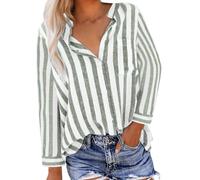 Bluse Damen Langarm Baumwolle Leinenbluse Modische Freizeit V-Ausschnitt Button-Down Hemdbluse Elegant Revers Kragen Blusehemd Bequem Streifen Tops Sommer Basic Shirt mit Taschen Musselin Bluse