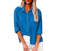 Bluse Damen Langarm, Hemd Damen Baumwolle,Oberteile Damen Lässige Arbeitshemd mit Tasche Blsuen Revers Hemdbluse mit Knopfleiste Damenblusen Einfache Tunika Sommerhemd Mode Damenbluse