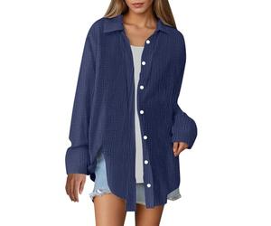 Bluse Damen Langarm Lässig Shirt Basic Hemd Casual Button Down Shirts Einfarbig Oversize Oberteile Sommer Locker Langarmshirt Strand Modern Longbluse Atmungsaktiv Tunika Elegant Blusen Top