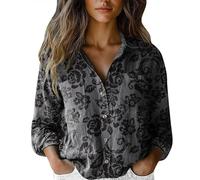 Bluse Damen Langarm Sommerbluse Vintage Boho Style Blumen Hemdbluse V-Ausschnitt Oberteile mit Knöpfen Vintage Printed Blusen Tops Button-Down Shirt Sommer Blusenshirt Langarmshirts mit Tasche
