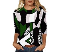 Bluse Damen Mode Farbblock Patchwork Oberteile 3/4 Arm Tshirt 2023 Tunika Shirt Sommer Pullover mit Rundhalsausschnitthals Tops Longbluse Leichte T-Shirt Lose Bequeme Blusentops Laufshirt für Frauen