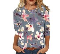 Bluse Damen Mode Federdruck Shirt 3/4 Ärmel Tshirt Rundhals Oberteile Sommer Tunika Tops Party Dünn Longbluse Pullover Teenager Mädchen T-Shirt LongtopsLocker Blusentops Longshirt für Frauen