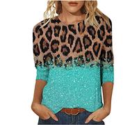 Bluse Damen Mode Leopard Druck Tunika 3/4 Ärmel Tshirt Rundhals Oberteile Shirt Sommer Tops Leichte Party Pullover T-Shirt Teenager Mädchen Longtops T-Shirts Boho Blusentops Streetwear für Frauen