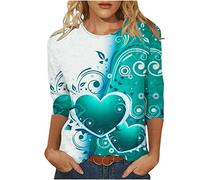 Bluse Damen Mode Liebe Herz Drucken Tshirt 2023 Tunika 3/4 Ärmel Oberteile Shirt Sommer Pullover mit Rundhalsausschnitthals Tops Longbluse Casual T-Shirt Lose Bequeme Blusentops Longtops für Geschenk