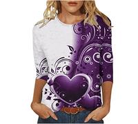Bluse Damen Mode Liebe Herz Drucken Tshirt 2023 Tunika 3/4 Ärmel Oberteile Shirt Sommer Pullover mit Rundhalsausschnitthals Tops Longbluse Casual T-Shirt Lose Bequeme Blusentops Longtops für Geschenk