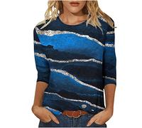 Bluse Damen Mode Marmordruck Oberteile 3/4 Ärmel Tshirt Tunika 2023 Shirt Sommer Pullover mit Rundhalsausschnitthals Tops Longbluse Casual T-Shirt Lose Bequeme Blusentops Sportshirt für Outdoor