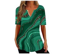 Bluse Damen Mode Marmordruck Oberteile Knöpfe V-Ausschnitt Longbluse Locker Blusenshirt Kurzarm Tshirt Sommer Tops Pullover Shirt Bequeme Blusen Lange T-Shirt Tunika Hemdbluse Große Größen Longtops