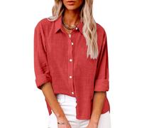 Bluse Damen Musselin Langarm Leinenbluse Baumwolle Leinen Hemd Reverskragen Leinenhemd Sommer Longbluse Leicht Luftig Hemdbluse Button-Down Leinenshirt Locker Blusenshirt Lässige Strandhemd